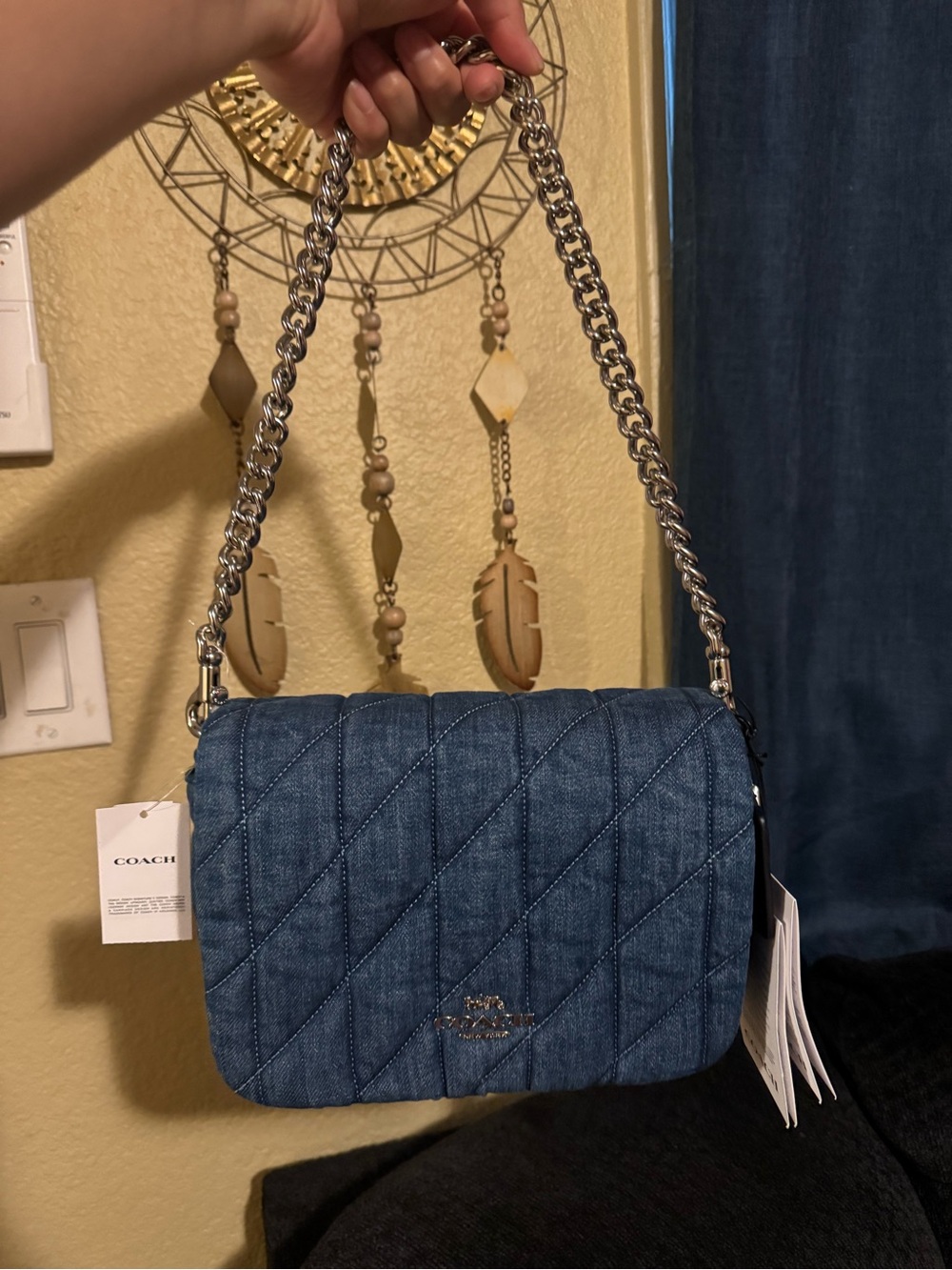 Coach Quilted Denim Shoulder Bag with Silver Chain - Blue
